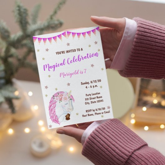 Unicorne rose Invitation d'anniversaire