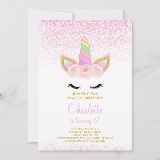Unicorne rose Invitation d'anniversaire (Devant)