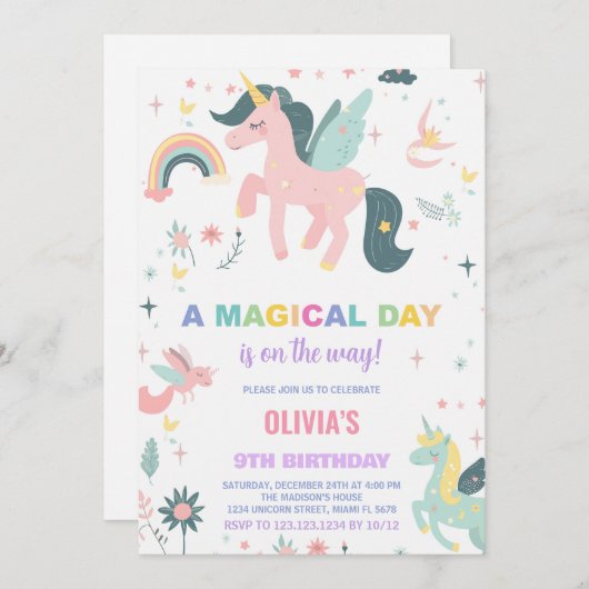 Unicorne rose Invitations d'anniversaire (Devant / Derrière)