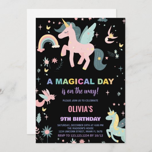 Unicorne rose Invitations d'anniversaire (Devant / Derrière)