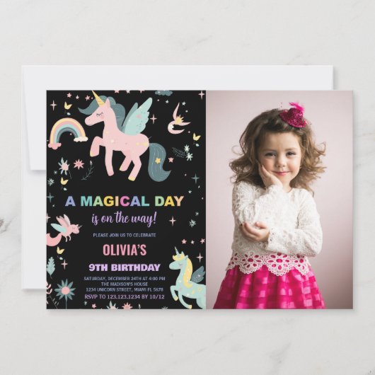 Unicorne rose Invitations d'anniversaire avec phot (Devant)