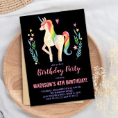Unicorne rose noir Invitations d'anniversaire