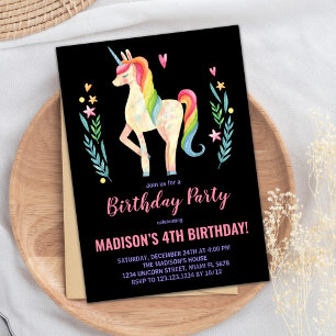 Unicorne rose noir Invitations d'anniversaire