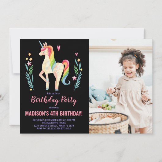 Unicorne rose noir Invitations d'anniversaire avec (Devant)