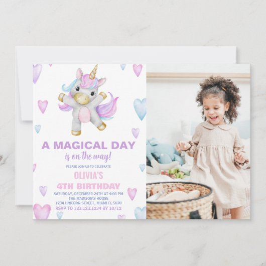 Unicorne rose pourpre Invitations Anniversaire ave (Devant)