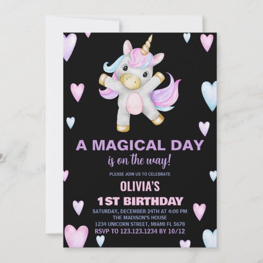 Unicorne rose pourpre Invitations d'anniversaire (Devant)
