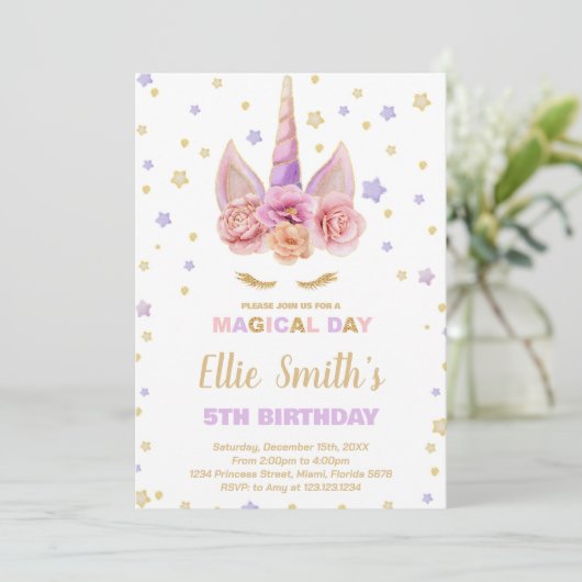 Unicorne rose violet Invitations d'anniversaire (Debout devant)