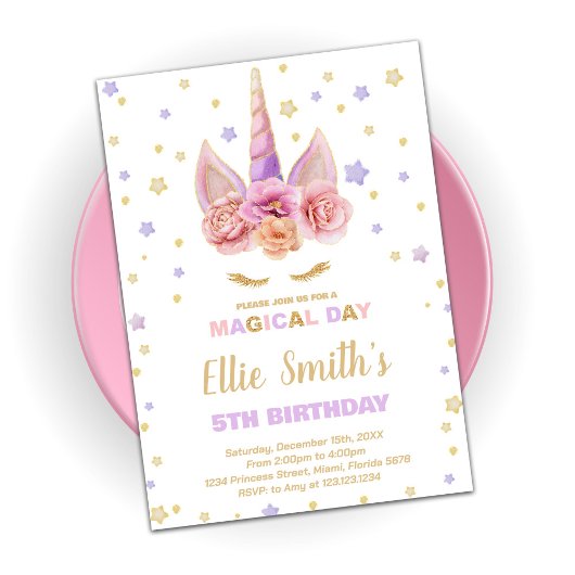 Unicorne rose violet Invitations d'anniversaire