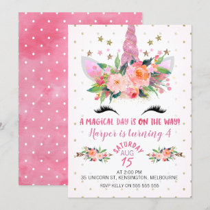 Unicorne rose Visage Floral Invitation Anniversair