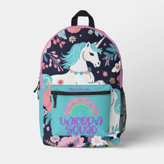 Unicorne Squad Rainbow Nom personnalisé sac à dos (Recto)