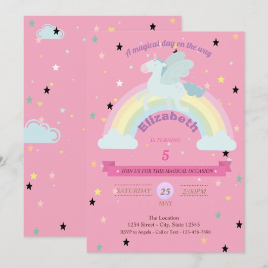 Unicorne, Stars Rainbow Invitation Anniversaire (Devant / Derrière)