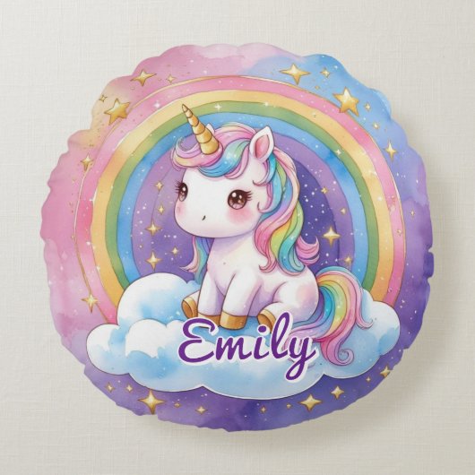 Unicorne sur Cloud Editable Name Round Coussin (Devant)