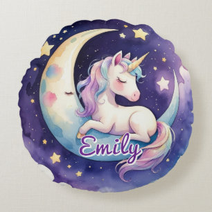 Unicorne sur la lune Nom modifiable Coussin rond