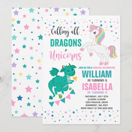 Unicornes Et Dragons Anniversaire Invitation Magiq (Devant / Derrière)