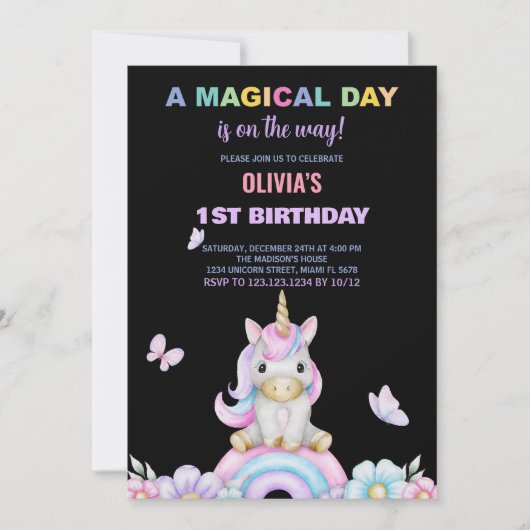 Unicornes papillon Invitations d'anniversaire (Devant)