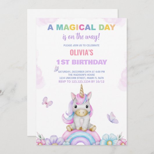 Unicornes papillon Invitations d'anniversaire (Devant / Derrière)
