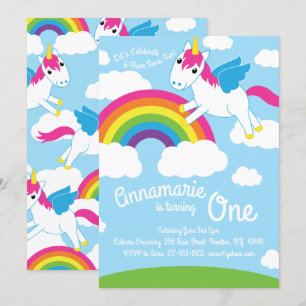 Unicorns en Rainbow 1st Birthday Cute Invitations Kaart