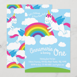 Unicorns en Rainbow 1st Birthday Cute Invitations Kaart