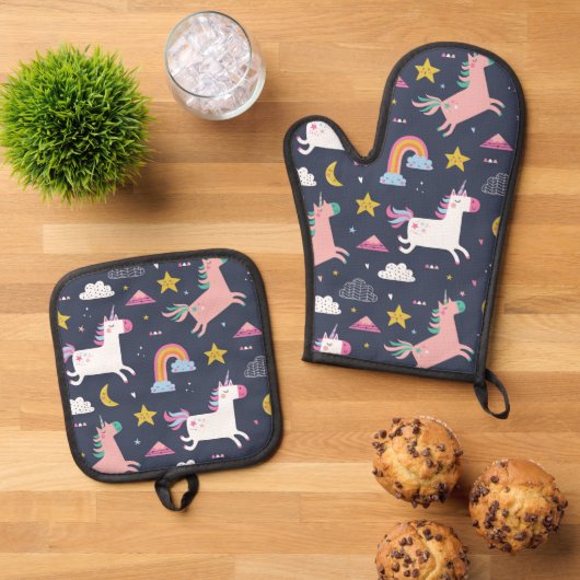 Unicorns en regenbogen ovenwant & pannenlap set (Top down)