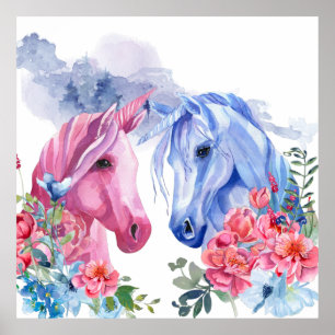 Unicorns met Flowers Waterverf Art Faux Canvas Poster