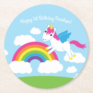 Unicorns & Rainbows Kind Birthday Party Cute Ronde Kartonnen Onderzetter