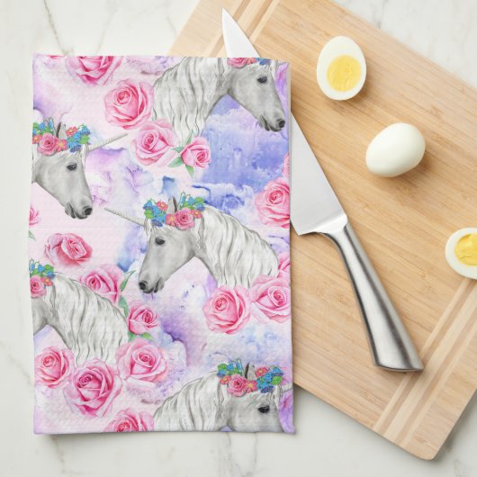 Unicorns & Rozen Patroon Theedoek (Quarter Fold)
