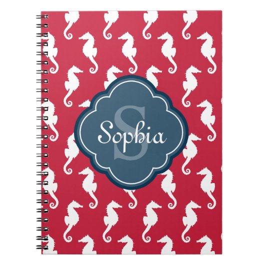 Uniek blauw monogram rood zeepaard notitieboek (Voorkant)