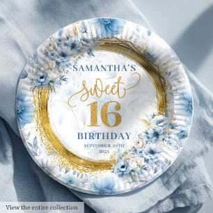 Uniek lichtblauw Sweet Sixteen Gold Glitter Bord