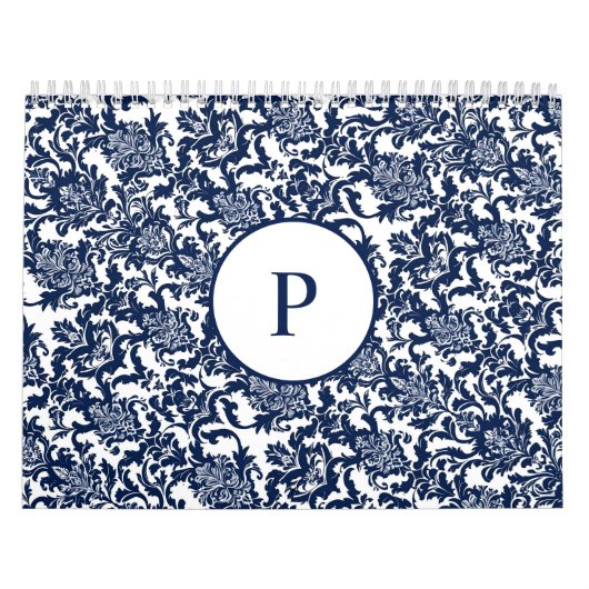 Uniek marineblauw damast patroon kalender (Hoes)