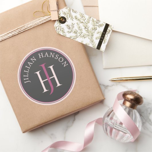 Uniek monogram Logo Roos en roze envelopzegel Ronde Sticker (Geschenken)
