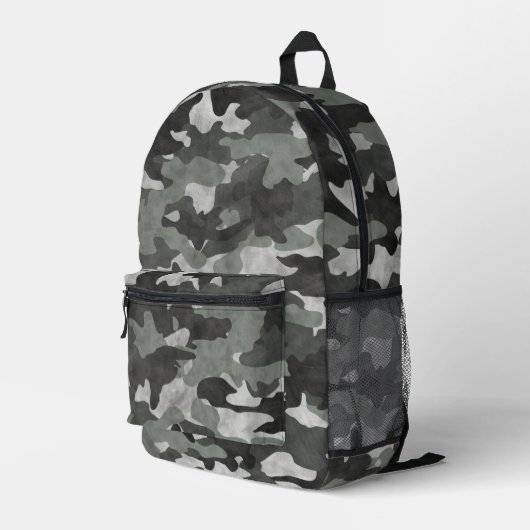 Uniek Noodlijdend Zwart en Grijs Camo Patroon Bedrukte Rugzak (Achterkant Hoek Rechts)