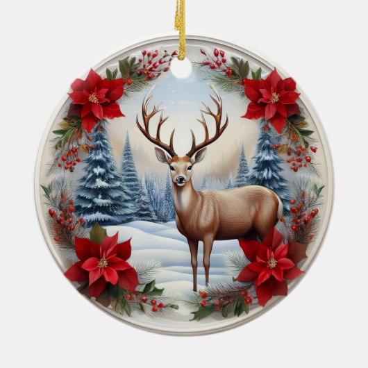 Uniek rendier, winterscène Poinsettias, hert 🦌 Keramisch Ornament (Achterkant)