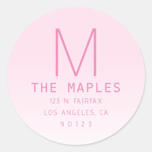 Uniek retouradres & monogram   roze ombre ronde sticker