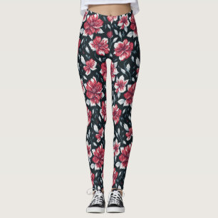 Uniek  retro rood en zwart bloemmotief leggings