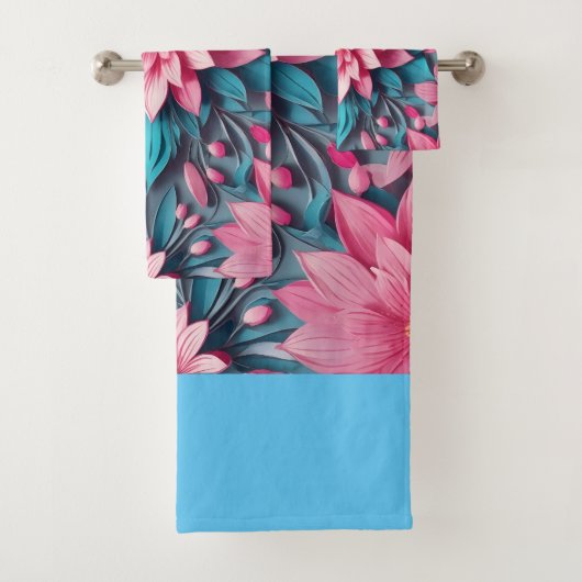 Uniek roze blauw bloemmotief ontwerp bad handdoek (Insitu)