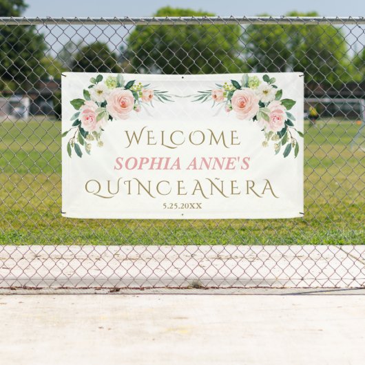 Uniek roze blos bloemig Quinceañera welkomstbord Spandoek (Insitu)