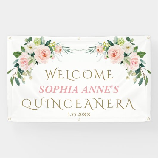 Uniek roze blos bloemig Quinceañera welkomstbord Spandoek (Horizontaal)