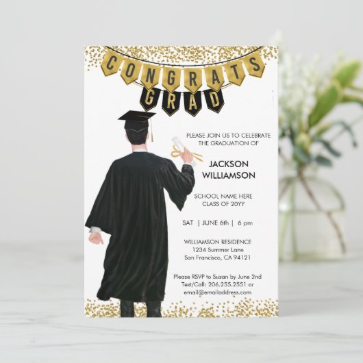 Unieke Afstuderen Uitnodiging Mannelijk Zwart Haar (Staand voorkant)