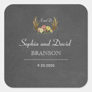 Unieke Antlers Bloemen Krijtbord Huwelijksmonogram Vierkante Sticker