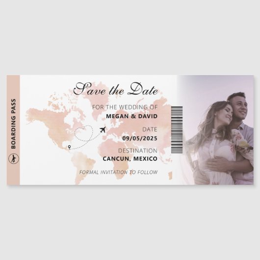 Unieke bestemmingsplan Boarding Pass Sla de datum  Magnetische Uitnodiging (Voorkant)
