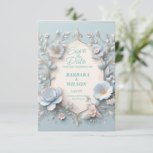 Unieke blauw-wit bewaart de datumkaart save the date (Staand voorkant)