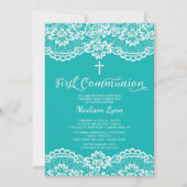 Unieke blauwe kant Eerste Heilige Communie Uitnodi Kaart (Voorkant)