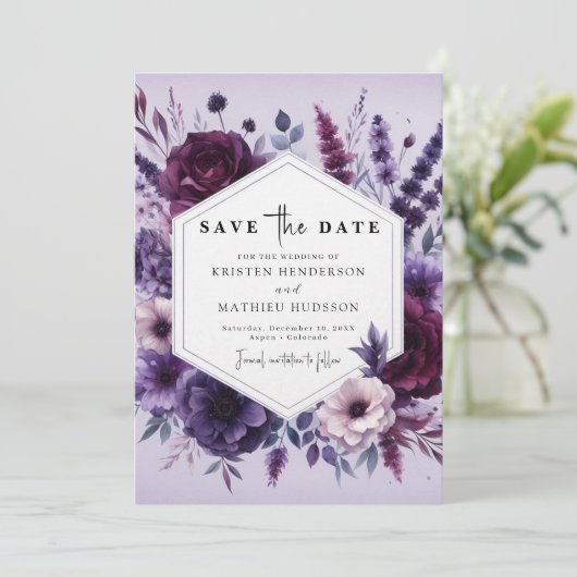Unieke bloemen Paarse bloemen bruiloft Save The Date (Staand voorkant)