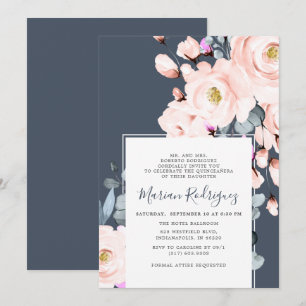 Unieke Blush & Navy Waterverf Floral Quinceañera Kaart