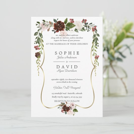 Unieke Burgundy Crème Bloem Gouden Bruiloft Kaart (Staand voorkant)