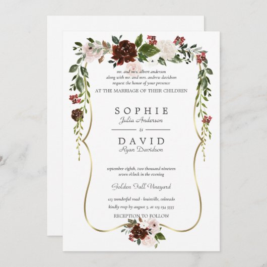 Unieke Burgundy Crème Bloem Gouden Bruiloft Kaart (Voorkant / Achterkant)