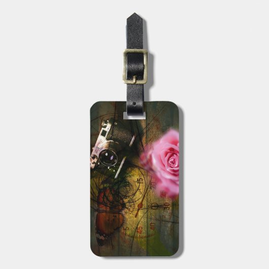 Unieke camera, klok en bloem bagagelabel (Voorkant verticaal)