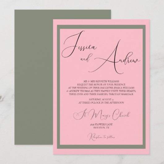 Unieke Dusty Pink & Sage bruiloft uitnodiging (Voorkant / Achterkant)