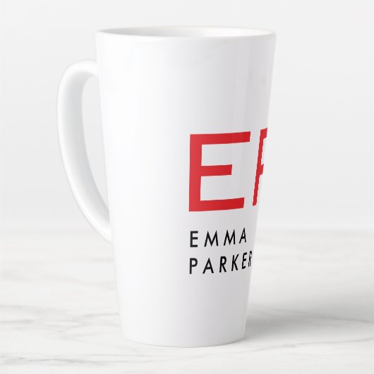 Unieke Eigen Naam Zwart Wit Trendy Rood Monogram Latte Mok (Linkerhoek)