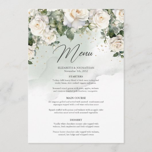 Unieke elegante witte rozen bloementuin groen menu (Voorkant)